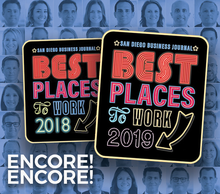 SDBJ Best Places to Work 2018 and 2019 award emblems.