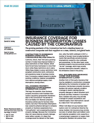 Insurance Coverage for Business Interruption Losses Caused By The Coronavirus.