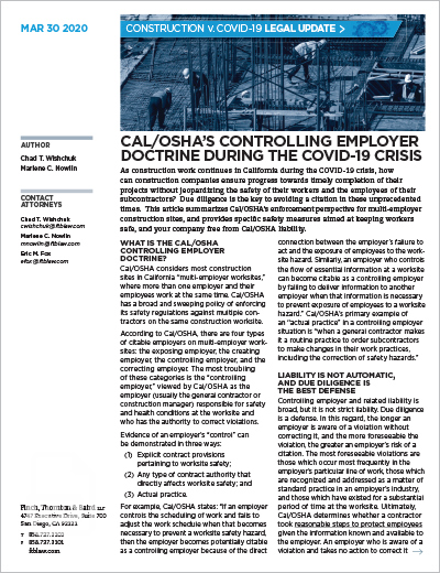 Cal-OSHA's Controlling Employer Doctrine During the COVID-19 Crisis.