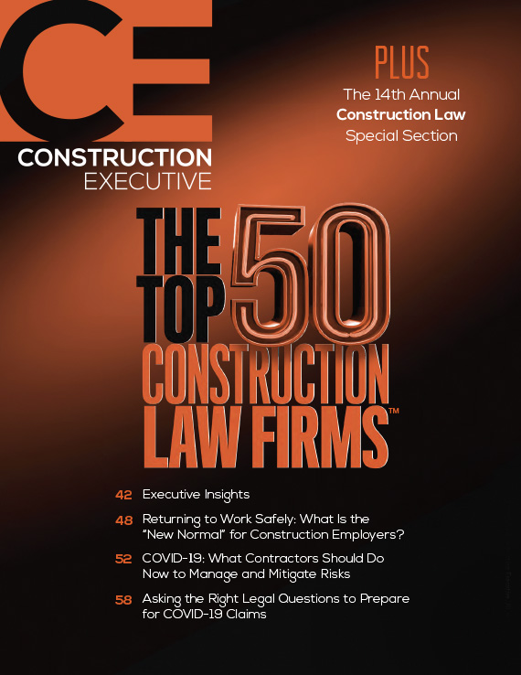 2020 Construction Executive magazine cover featuring The Top 50 Construction Law Firms.