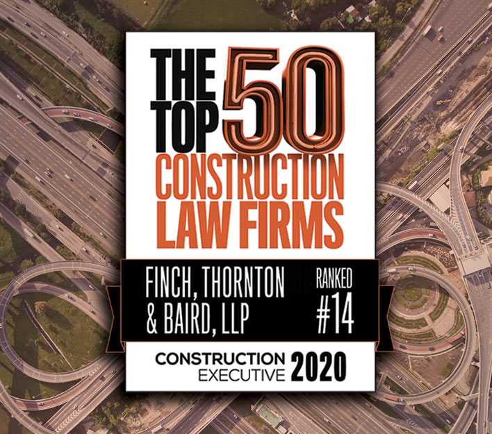2020 Construction Executive magazine cover featuring The Top 50 Construction Law Firms (to informational page).