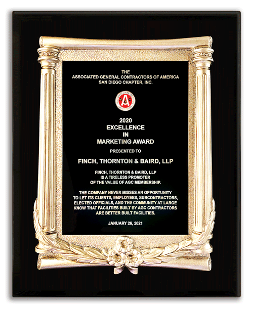 2020 AGC San Diego Excellence in Marketing Award plaque.