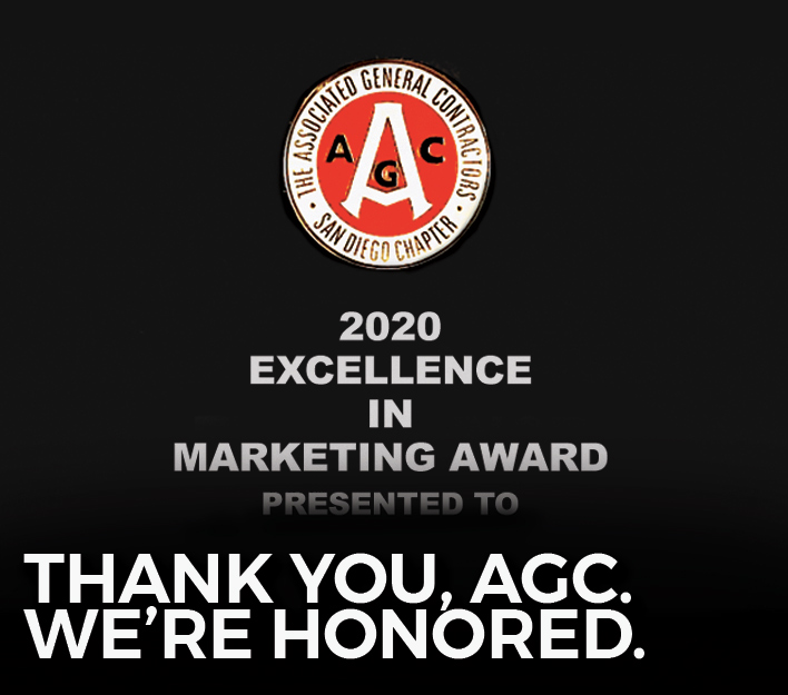 2020 AGC San Diego Excellence in Marketing Award plaque detail.