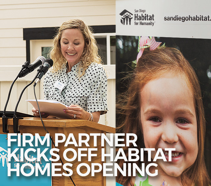 Firm partner Andrea Petray welcomes the crowd at dedication ceremony of two new Habitat for Humanity homes in Encinitas.