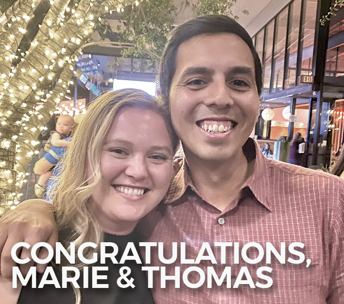 New associate attorneys Marie M. Hulen and O. Thomas Barajas celebrate passing the CA bar.