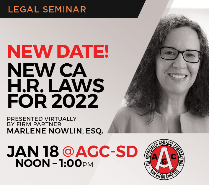 Announcement for legal seminar New California H.R. Laws for 2022 presented by partner Marlene C. Nowlin.