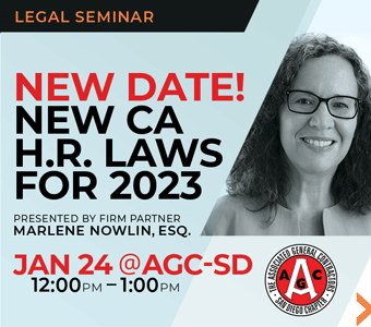 Announcement of legal seminar New CA H.R. Laws for 2023 to be presented to AGC by partner Marlene C. Nowlin.